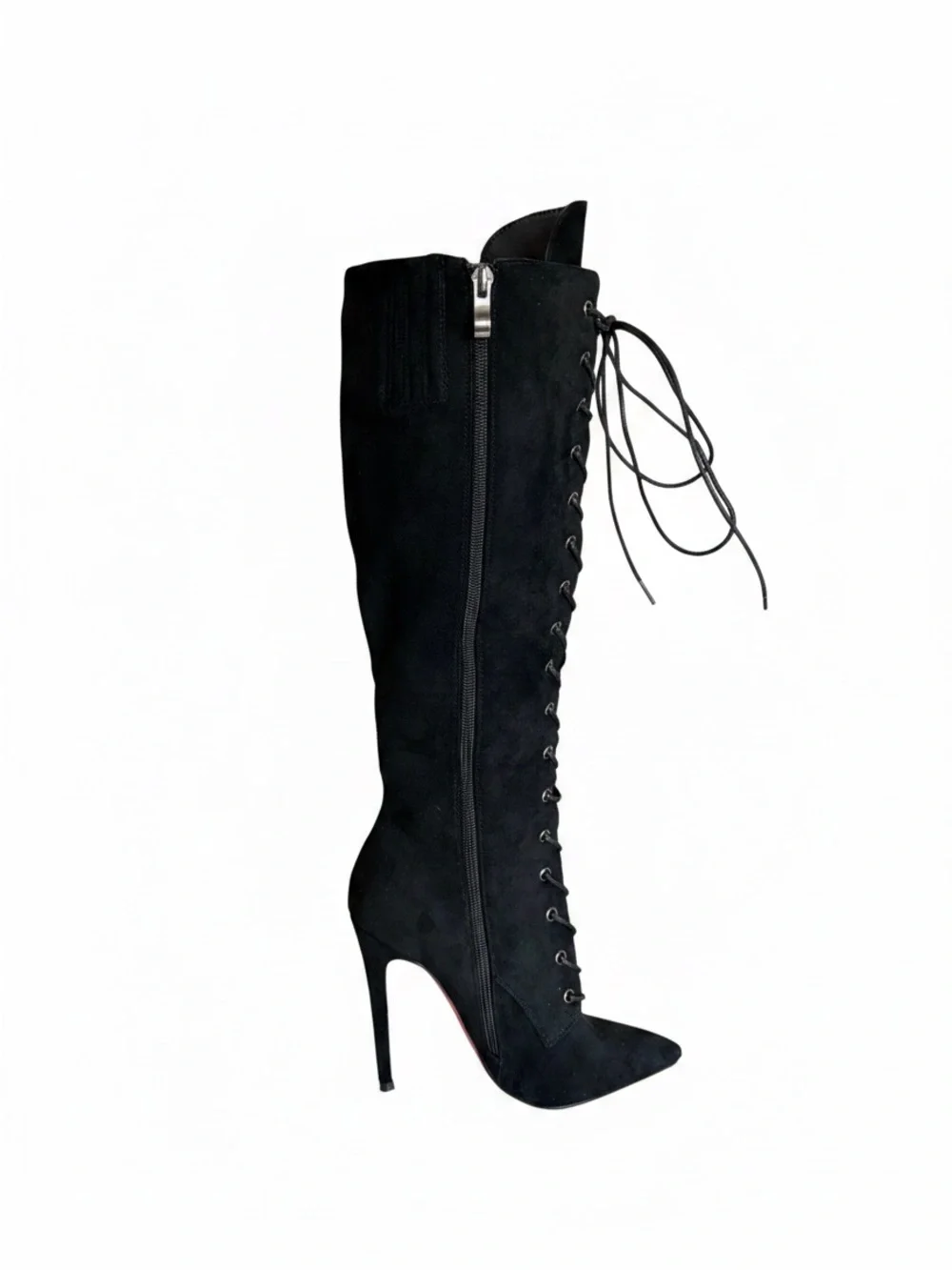 Black Lace-Up Knee-High Stiletto Boots - Women